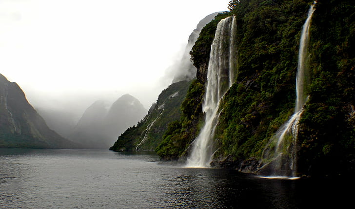 photo of mountain's waterfall dropped on body of water, Doubtful Sound, HD wallpaper