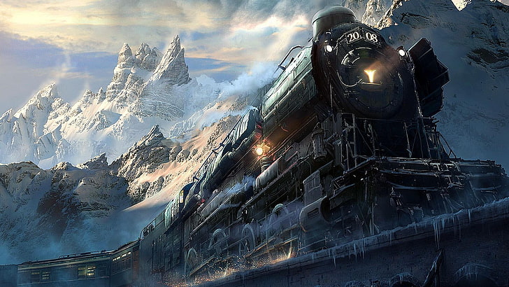 train, steam locomotive, sky, snowy, visual effects, mountain