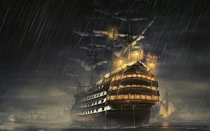 black galleon ship illustration, fantasy art, haryarti, rain
