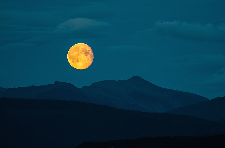 full moon, night, mountains, landscape, nature, beauty in nature, HD wallpaper
