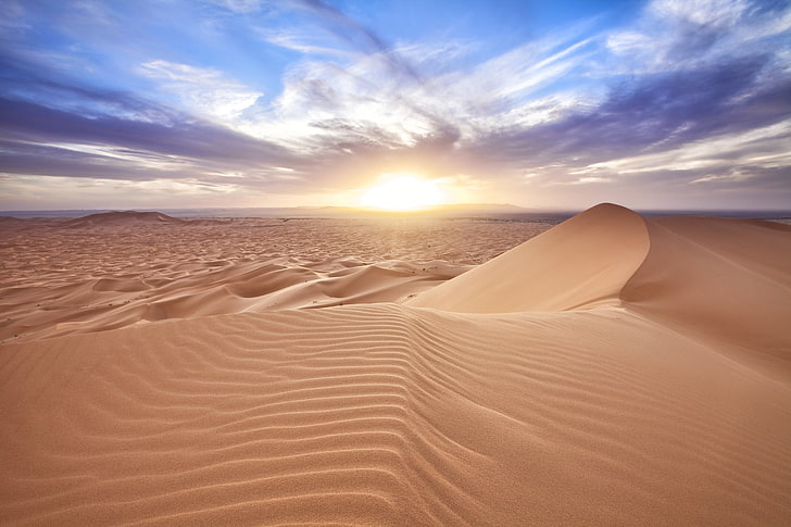 desert field, the sun, clouds, dunes, Sands, Morocco, Er Rachidia, HD wallpaper