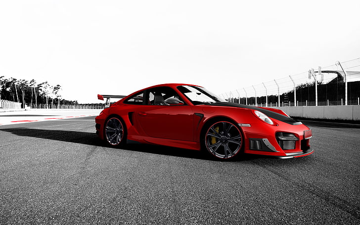 red Porsche 911 coupe, tuning, track, GT2 RS, Techart, car, speed, HD wallpaper