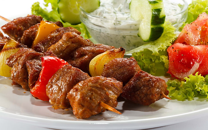 white ceramic plate, kebabs, barbecue, food, food and drink, vegetable