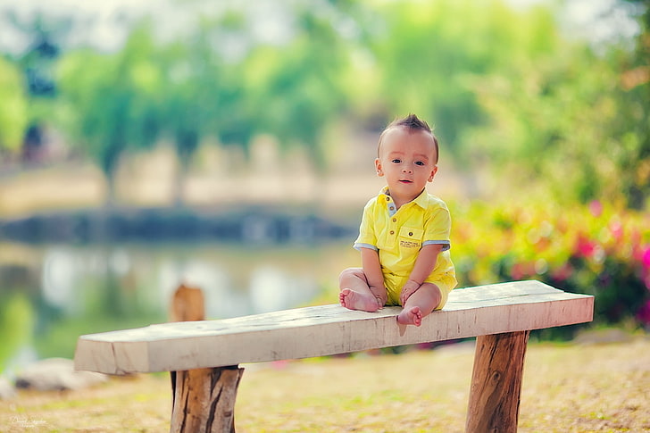 baby's yellow onesie, boy, bench, mood, child, small, cute, outdoors, HD wallpaper