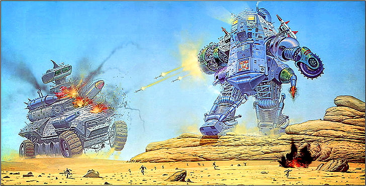 robot versus tank fighting on mountain valley, Angus McKie, science fiction
