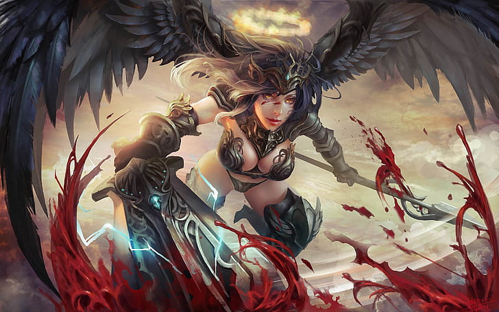 The Fallen Angels-video game-Angel Warrior-Helmet-eagles wings-arms-lance, sword-blood-art-HD Wallpaper-2880×1800