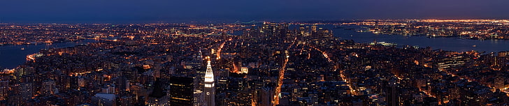 New York City, triple screen, wide angle, cityscape, city lights, HD wallpaper