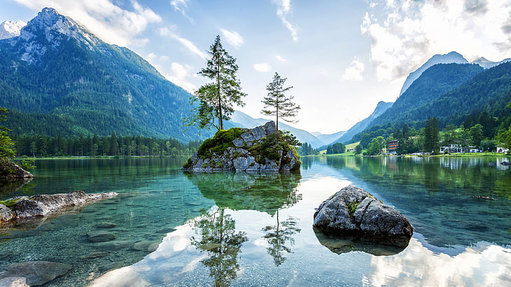 gray rock formation, mountains, lake, reflection, stones, Germany, HD wallpaper