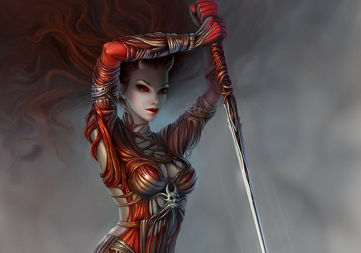 red haired woman holding spear wallpaper, fantasy art, demon, HD wallpaper