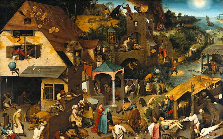 artwork, painting, Pieter Bruegel, classic art, peasants, villages