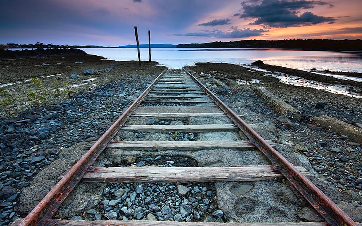 tracks to nowhere 3d Abstract art Beach end lake Railroad Tracks Sea sunset track Water ways HD