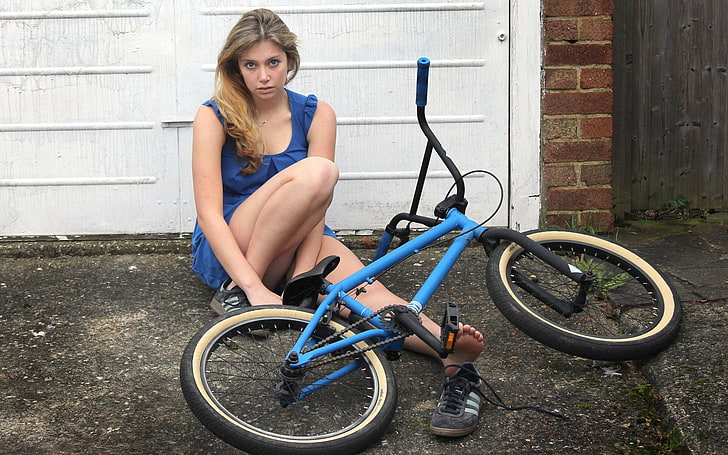blue and black BMX bicycle, girl, bike, the situation, women, HD wallpaper