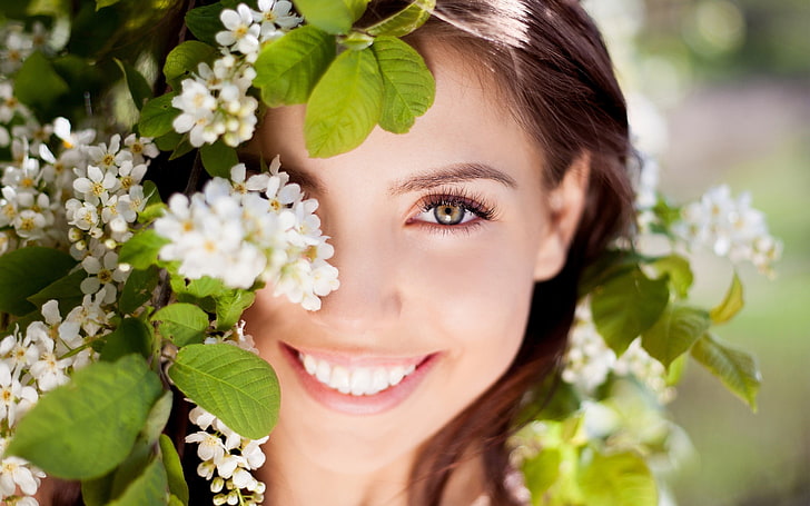 woman face, white flowers, women, hazel eyes, auburn hair, leaves
