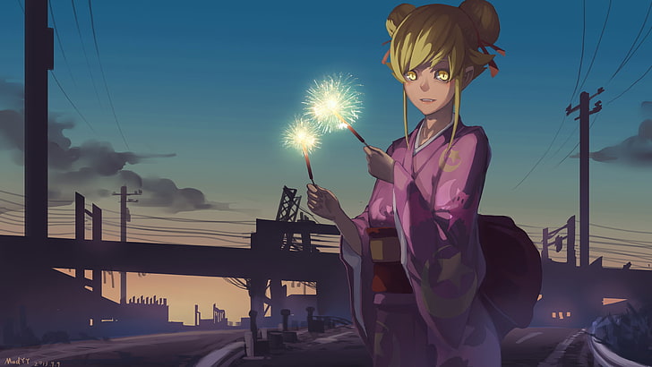 yellow haired female anime holding sparkler illustration, female anime character wearing pink dress