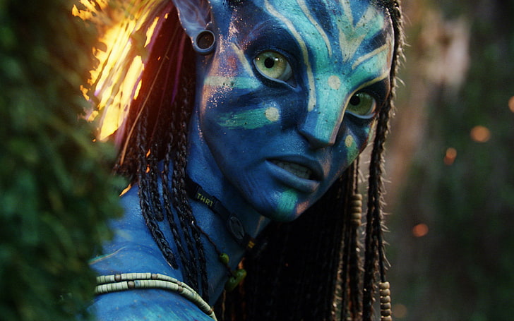 Neytiri Beautiful Warrior in Avatar, portrait, headshot, looking at camera