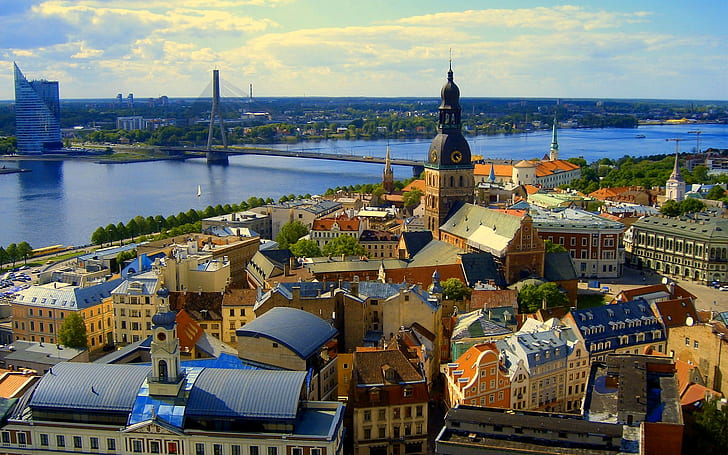 Riga, Latvia, sky, house, river, bridge, panorama