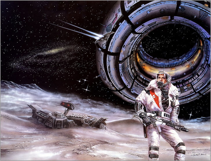 gray spaceship illustration, stars, planet, the crash, astronaut