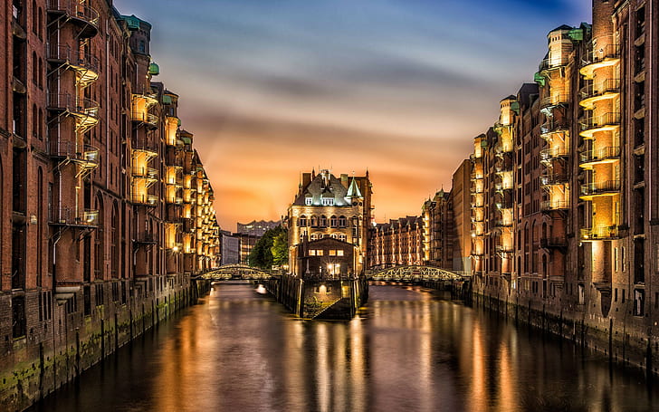 Hamburg, Speicherstadt, lights, ports, reflection, Germany, HD wallpaper