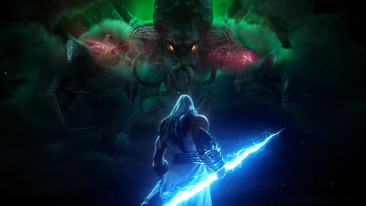 Zeus, God, battle, octopus, dark