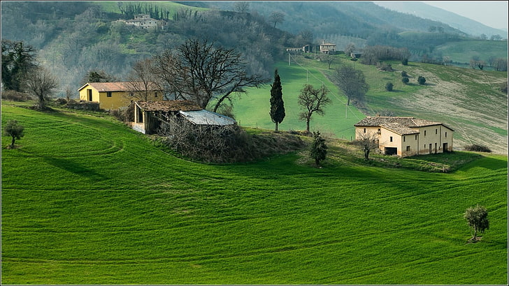 nature, landscape, hills, house, grass, Italy, trees, forest