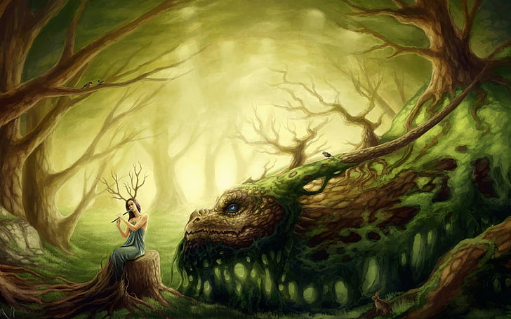 digital art, fantasy art, women, dragon, trees, one person