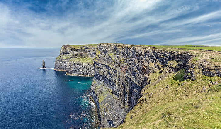 green and gray cliff near body of water, Cliffs of Moher, Ireland, HD wallpaper