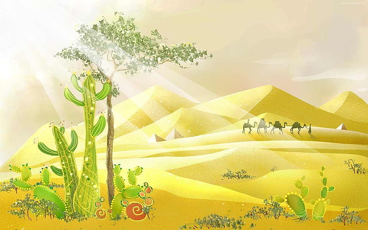 artwork, desert, cactus, camels, sand, plant, green color, yellow, HD wallpaper