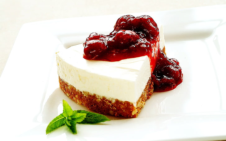 cake, food, dessert, strawberries, mint leaves, sweet, sweet food, HD wallpaper