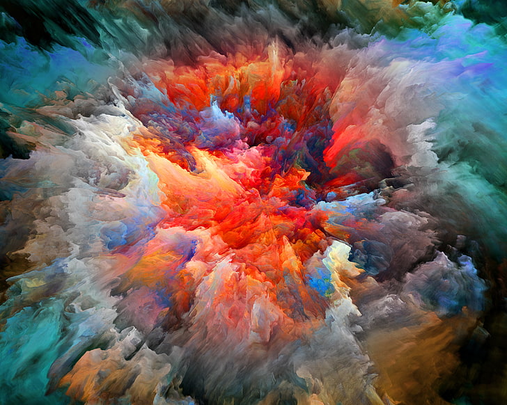 orange, black, gray, and blue abstract painting, the explosion