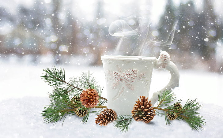 Coffee Steam, Winter, white ceramic mug, Seasons, Morning, Fresh, HD wallpaper