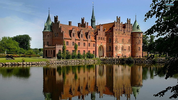 red castle building, landscape, Egeskov Castle, Denmark, water, HD wallpaper