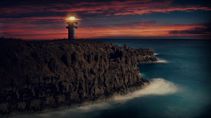 5k uhd, sea, sky, horizon, shore, lighthouse, twilight, sunset, HD wallpaper
