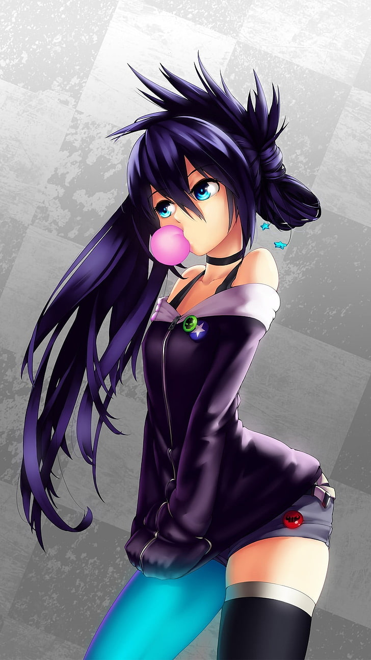 purple-haired woman illustration, anime girls, blue eyes, black hair