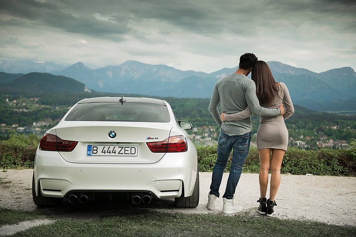 white BMW M4, couple, BMW M4 Coupe, landscape, mountain, full length
