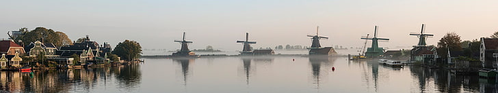 windmills near body of water, Netherlands, river, sky, town, Dutch