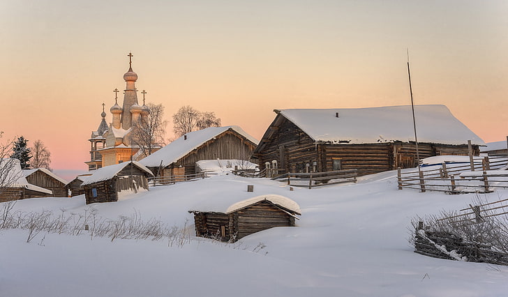 village, snow, winter, Russia, church, cold temperature, built structure, HD wallpaper