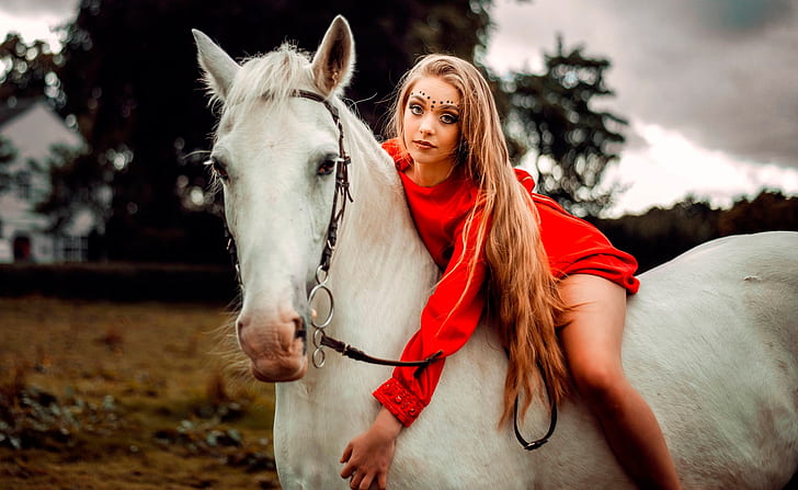 girl, pose, horse, portrait, makeup, dress, hairstyle, beauty