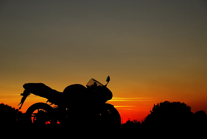 motorcycle, sunset, silhouette, sky, orange color, beauty in nature, HD wallpaper