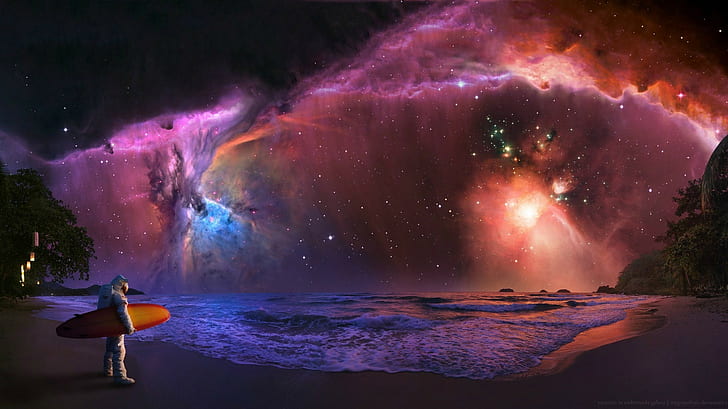 astronaut surfing nebula, HD wallpaper