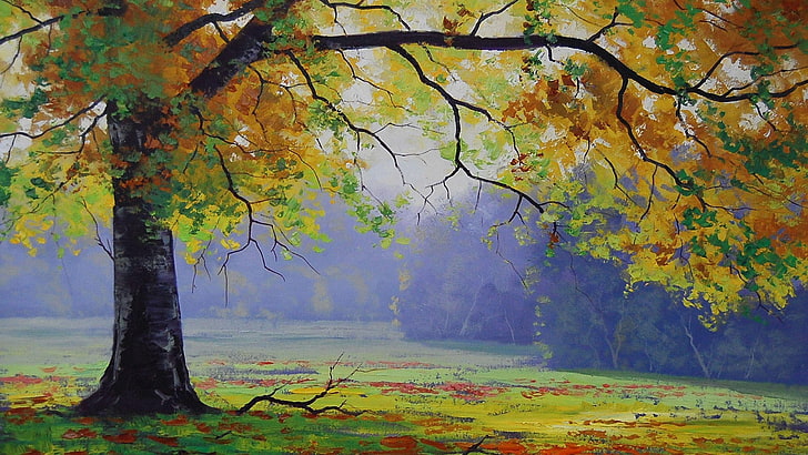 yellow and green tree wallpaper, painting, plant, autumn, tranquility, HD wallpaper