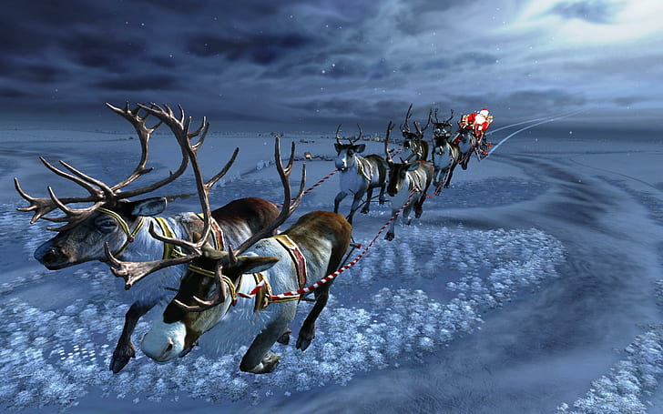 Santas Sleighride, raindeers with sledge and santa claus illustration