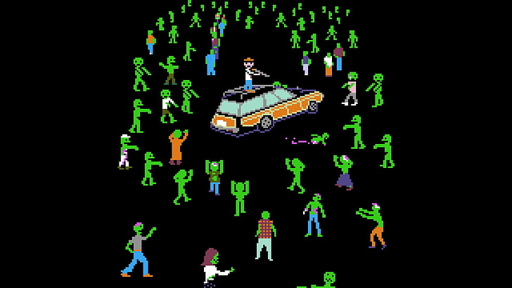 man on top of car surrounded by zombies clip art, black background
