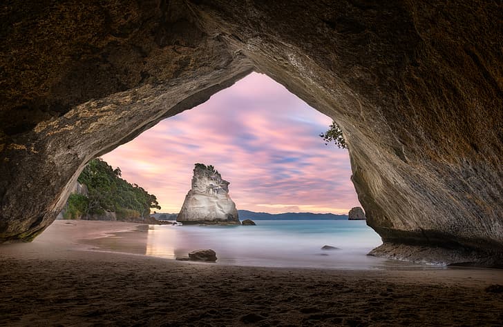 sea, beach, landscape, sunset, nature, rock, New Zealand, arch, HD wallpaper