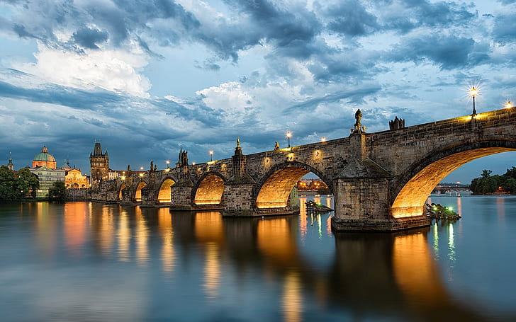 Prague, Charles Bridge, Czech Republic, river Vltava, evening, lights