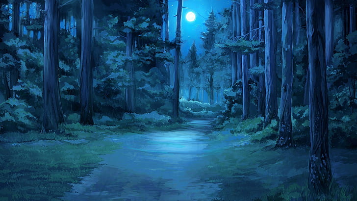 everlasting summer moon moonlight forest clearing, water, no people