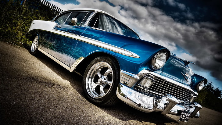 blue coupe, car, 1956 Chevrolet Bel Air, classic car, mode of transportation