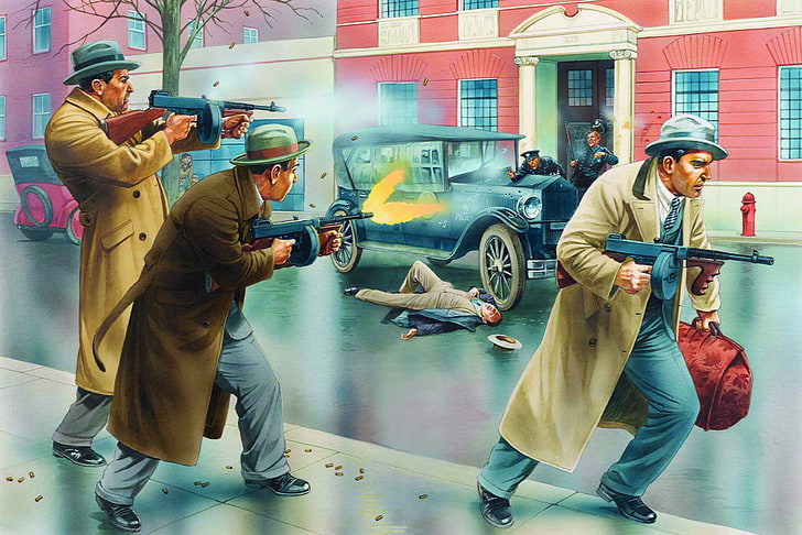 men holding rifles painting, art, Chicago, artist, gangsters