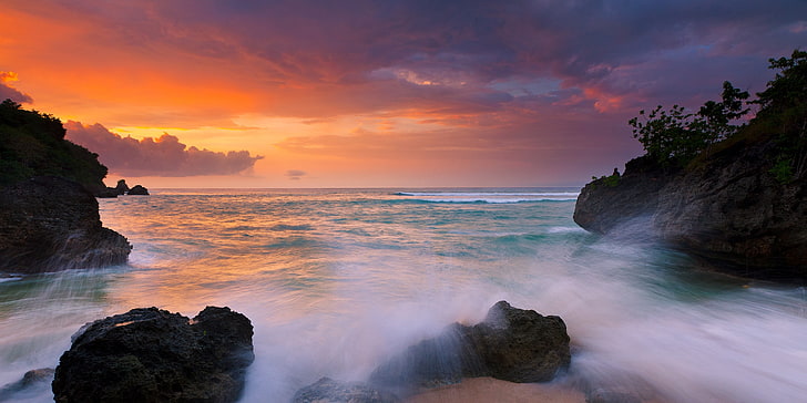 nature, landscape, sunset, coast, island, beach, rock, sea, HD wallpaper