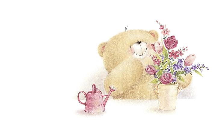 beige bear plush toy, red and pink rose flowers and tulip flowers in vase, and pink watering can illustration