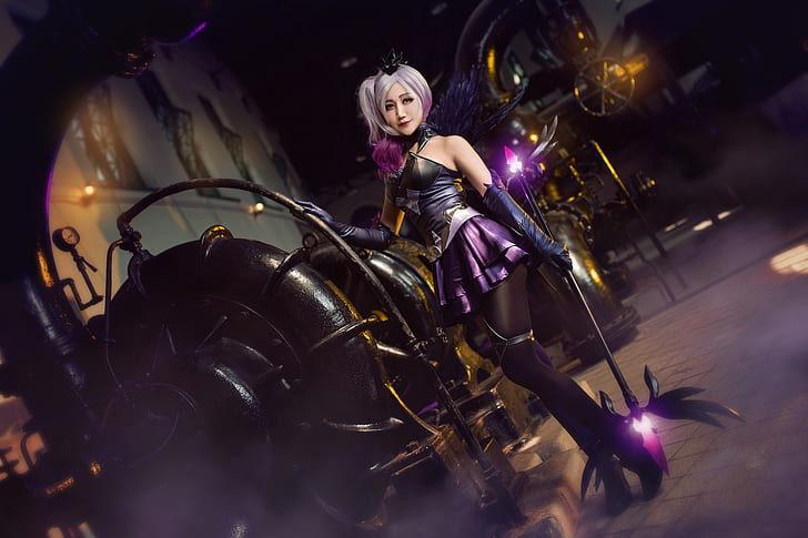 purple, look, girl, lights, pose, style, weapons, background